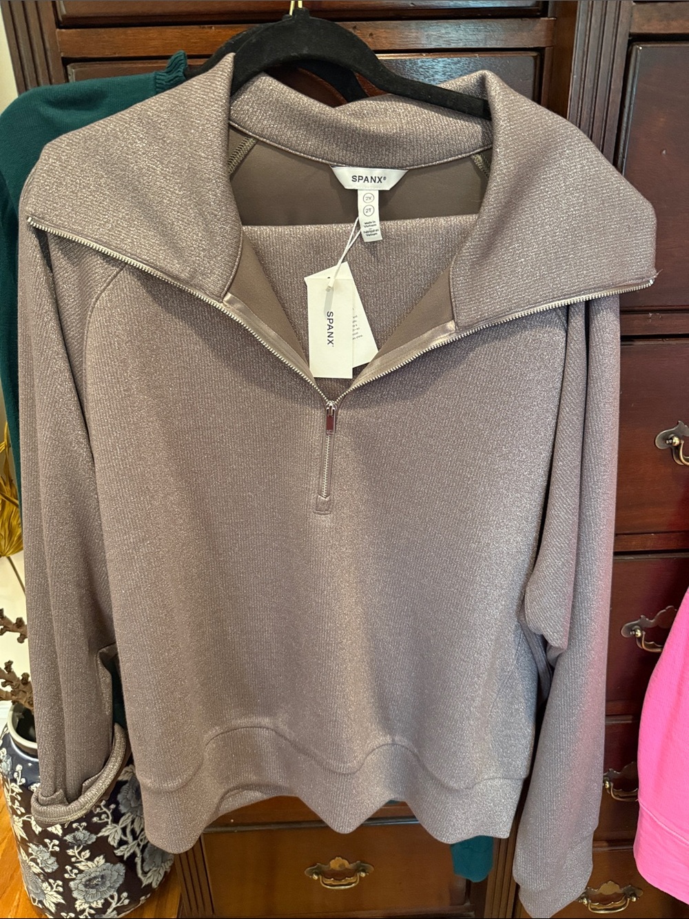 SPANX SET Metallic Smoke Silver Taupe Quarter-Zip Pullover and Pants Set